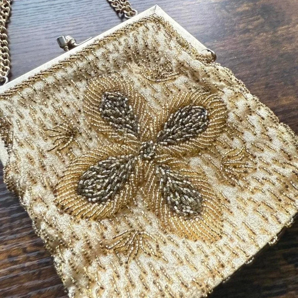 Vintage Gold Beaded Evening Bag Chain Strap Elegant Floral Unique